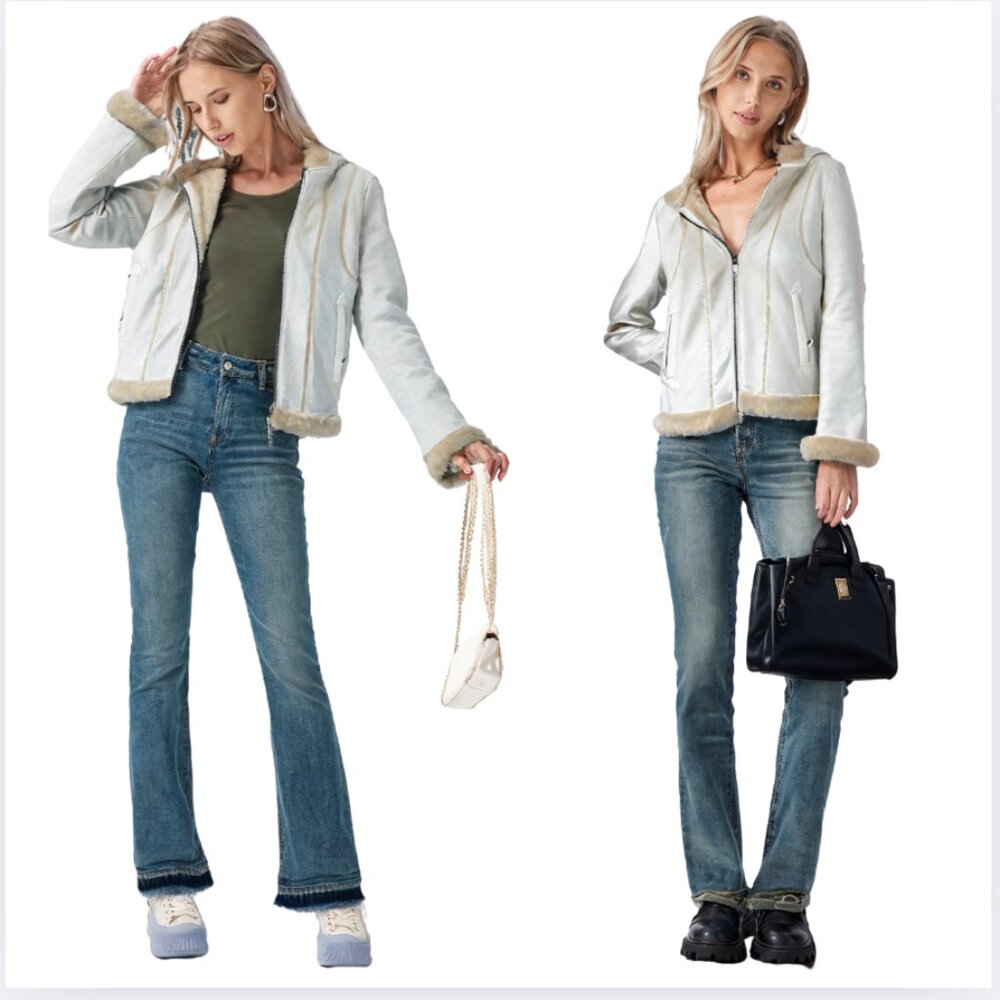 Beautiful 90s Vintage EUC White Faux Suede Jacket with Faux Fur Hydraulic Size M